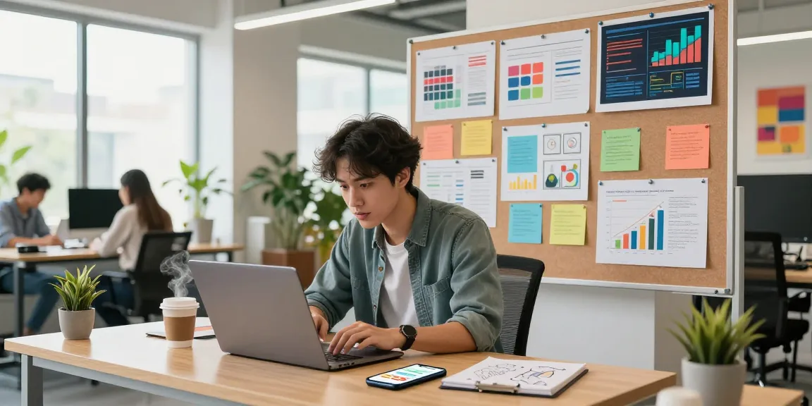 Marketing professional analyzing 456bd strategies in vibrant office setting.