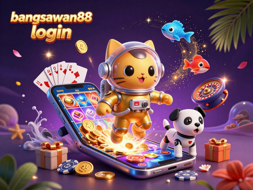 Engaging illustration showcasing bangsawan88 login with a playful astronaut cat and vibrant slot game elements.