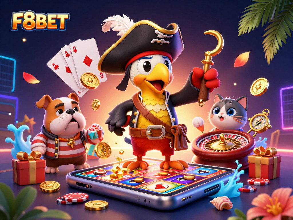 Spin and win with F8BET, featuring dynamic casino elements like slot games and vibrant characters in a rich scene.
