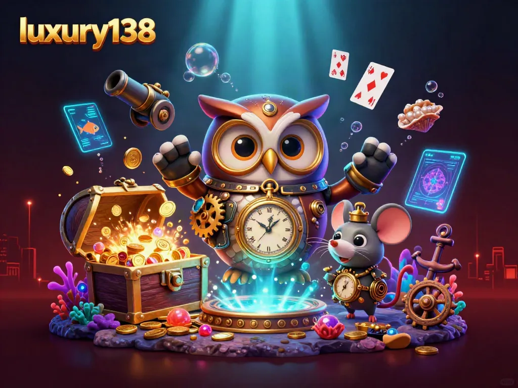 Experience luxury138 with an immersive 3D scene filled with casino elements and engaging characters.