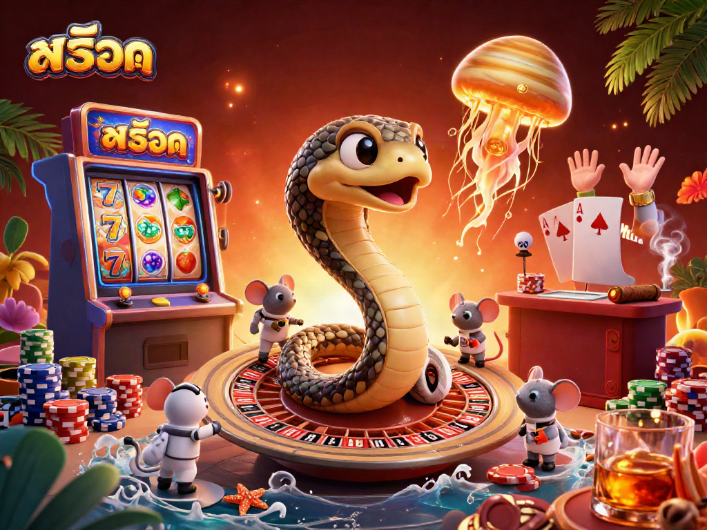 Engage with สล็อต action through a vibrant cosmic casino featuring unique characters and slot symbols.