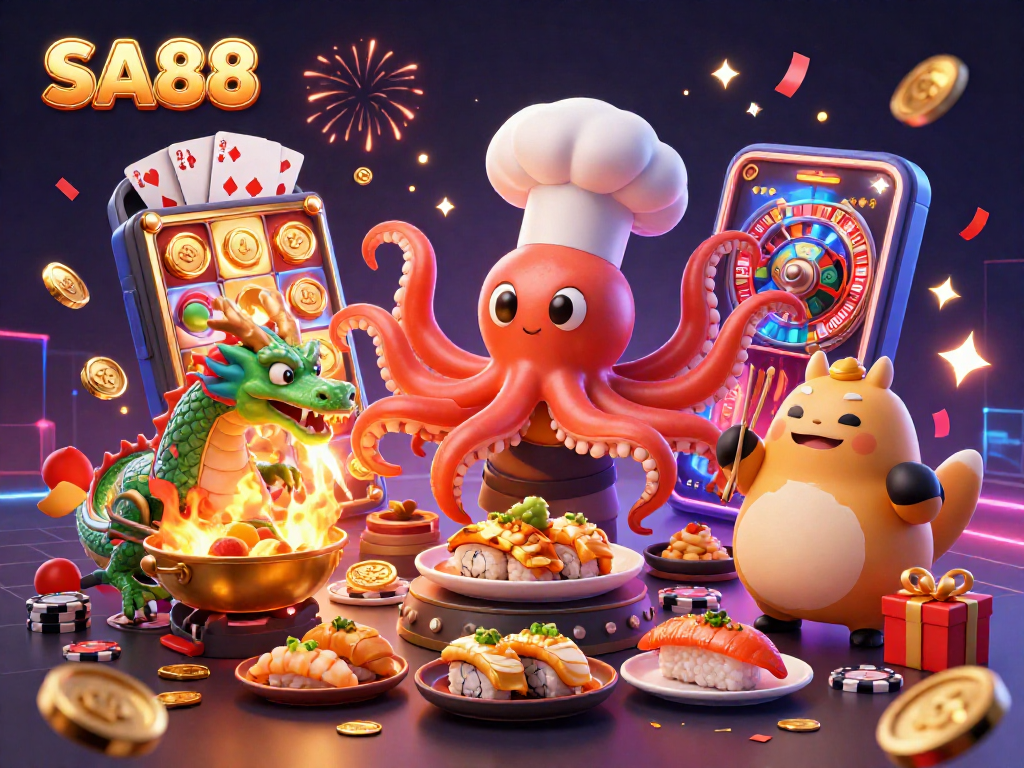 SA88 players celebrate with a cartoon sushi chef octopus, dragon, and tanuki at a vibrant online casino.