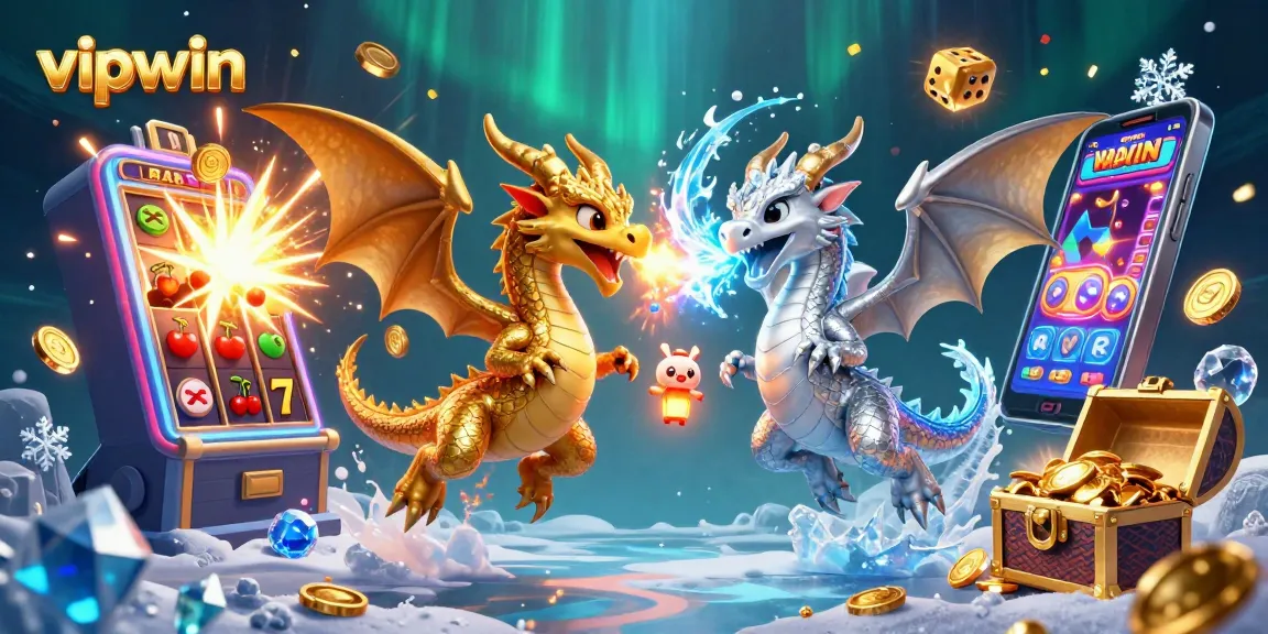Experience the thrilling action of vipwin with cartoon dragons amidst a colorful casino scene.