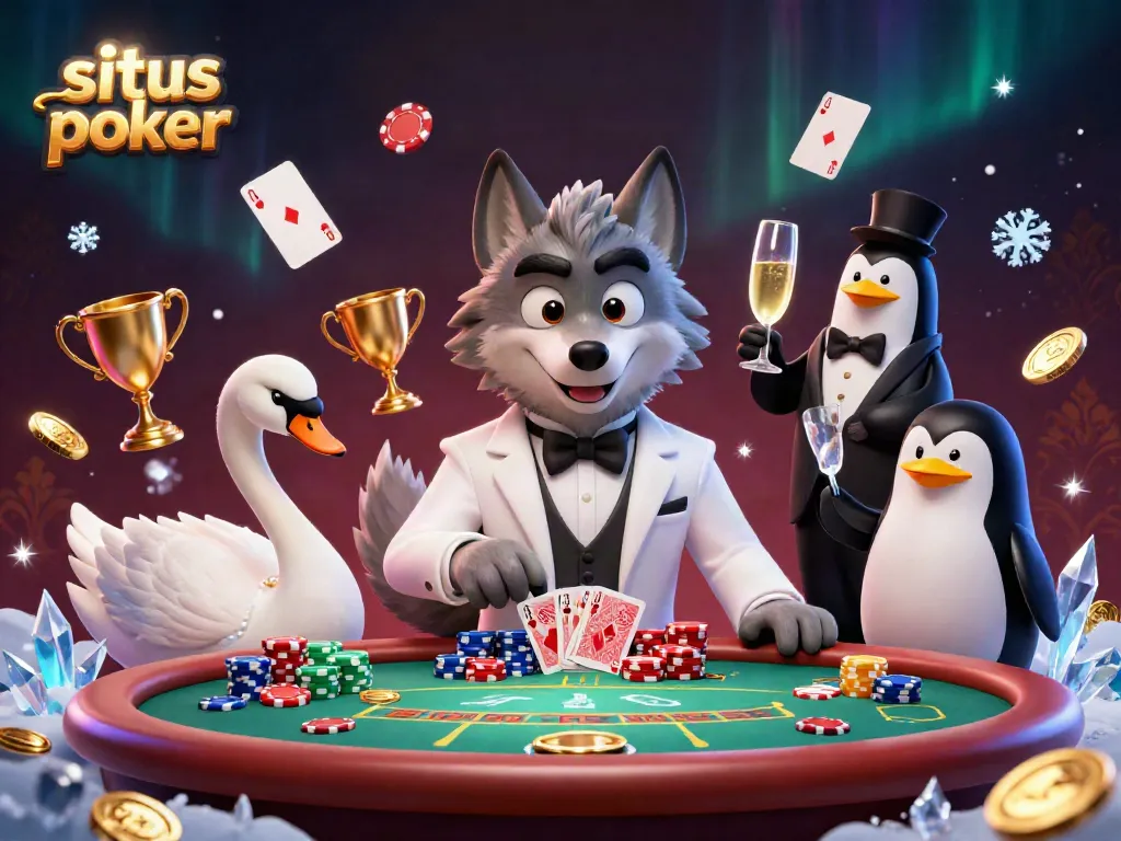 Permainan situs poker menarik dengan karakter serigala, angsa, dan penguin, menampilkan suasana kasino yang meriah.