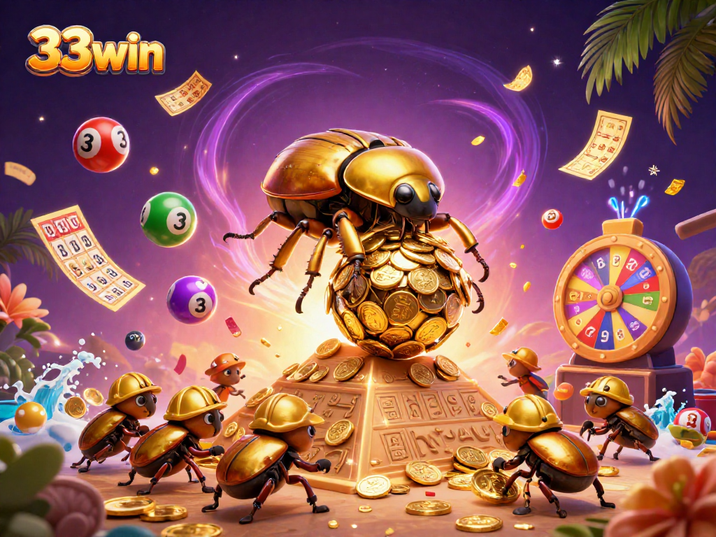 Experience the excitement of 33win with a vibrant casino-themed illustration featuring dynamic elements and creative design.
