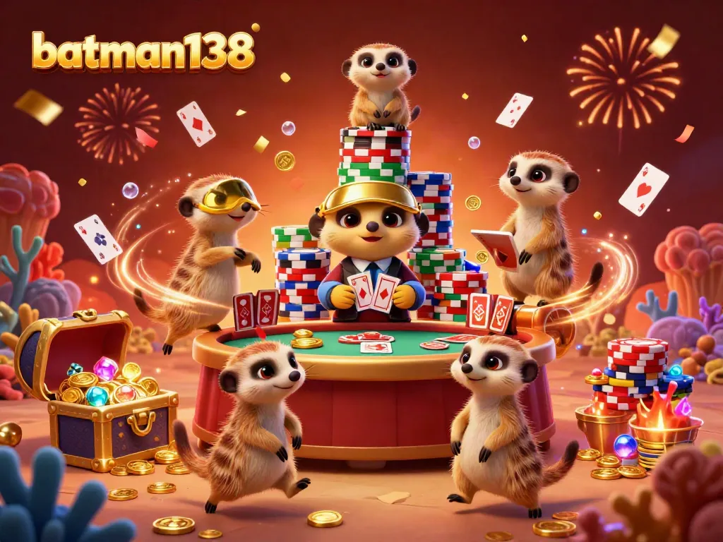 Experience an exciting gaming scene at batman138 with meerkats in a vibrant casino setup.