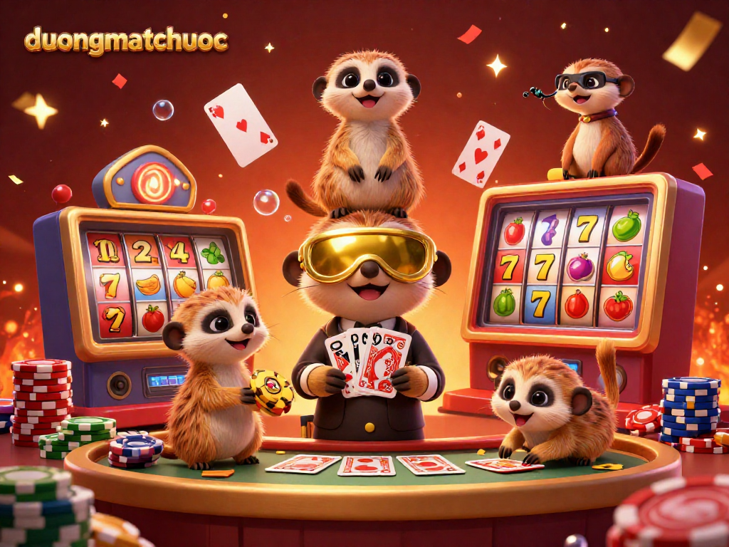Experience thrilling gameplay in duongmatchuoc with colorful slot reels and dynamic meerkat characters.