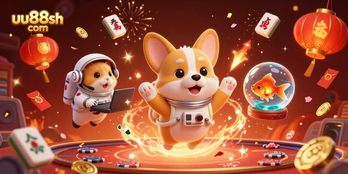 Join the fun at uu88sh com with a floating corgi and hamster in a vibrant casino scene.