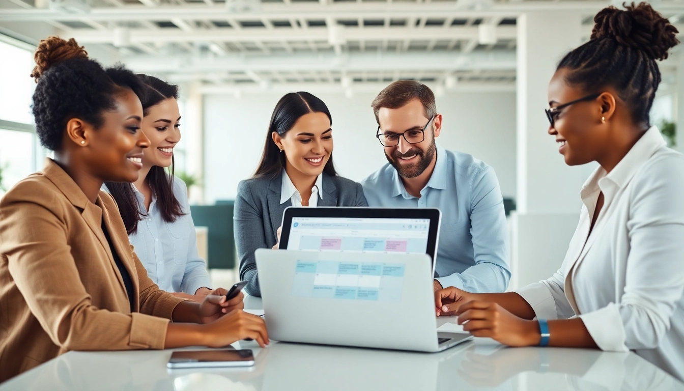 Utilize the never miss a meeting scheduling tool for effortless team collaboration in a bright office setting.