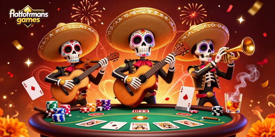 Engage in high-speed action with platformgames as Day of the Dead mariachi band surrounds a vibrant poker game.
