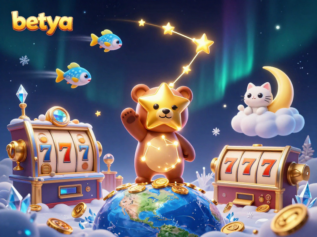 Betya's constellation bear scoops coins from earth amidst rich slot elements and shooting stars.