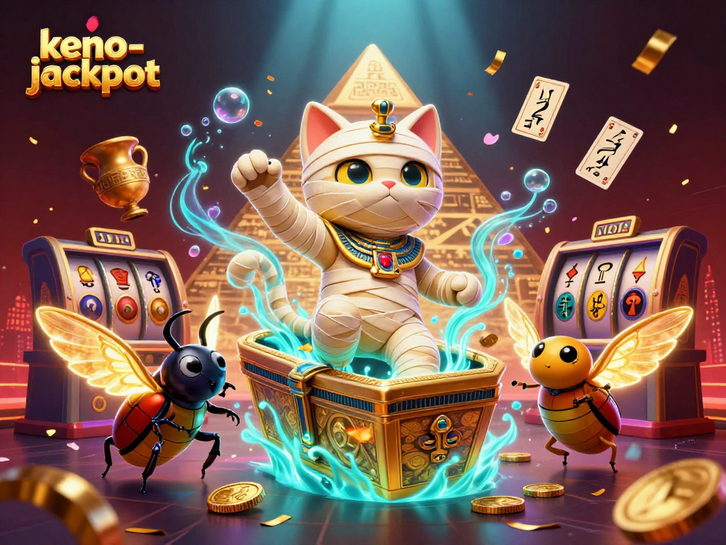 Unleash fortune with keno-jackpot in a vibrant 3D pyramid casino scene filled with excitement.