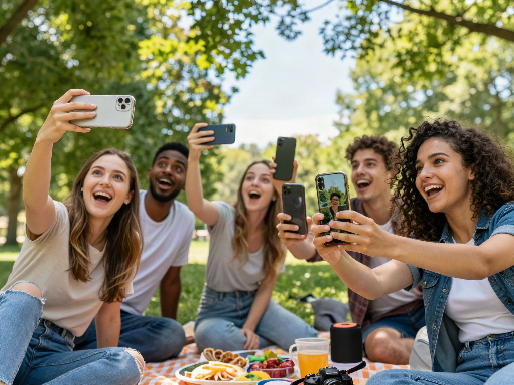 Friends enjoying fun in the park using 'how old do I look' app on smartphones.