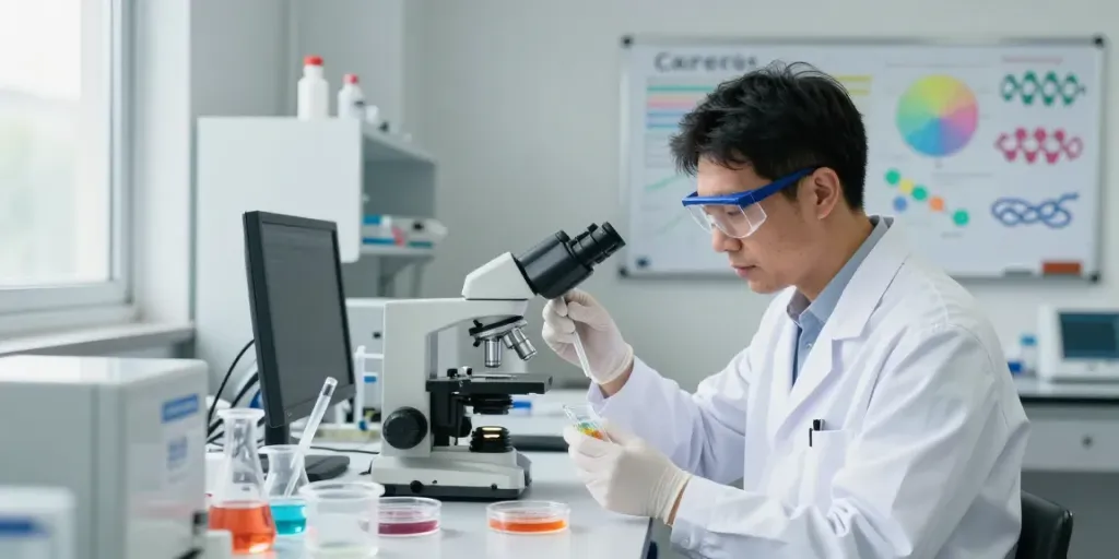 Peptide labs researcher analyzing samples in a modern laboratory.