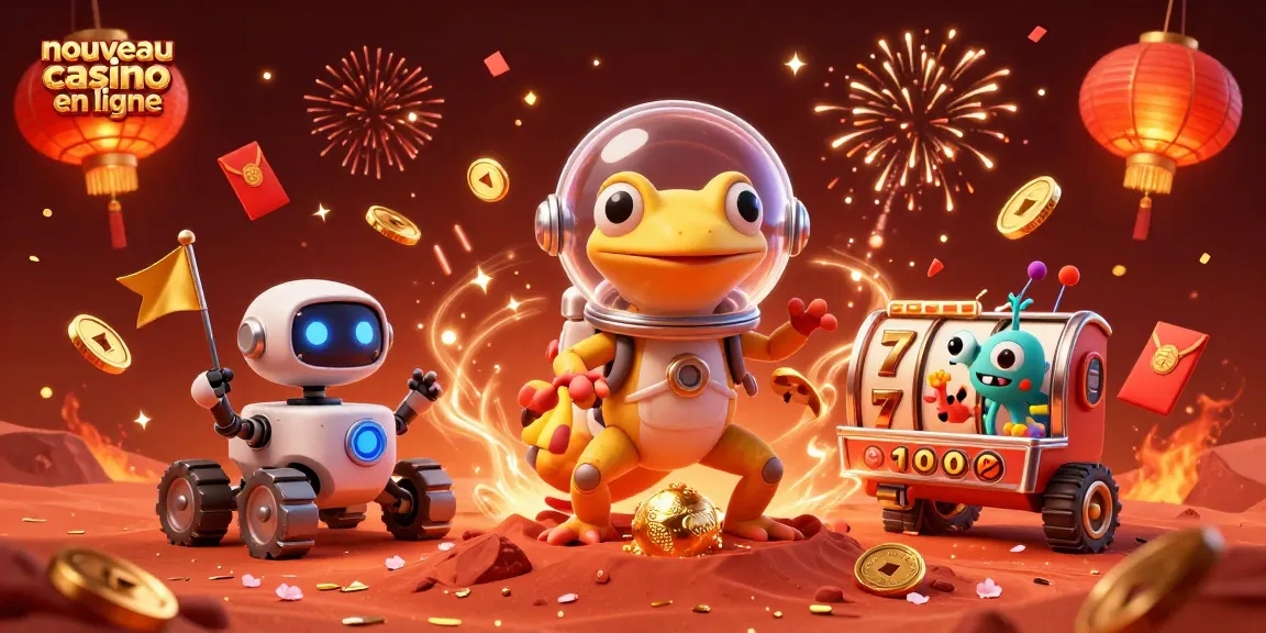 Plongez dans l'univers du nouveau casino en ligne avec une illustration dynamique de héros intergalactiques découvrant un casino doré sur Mars.