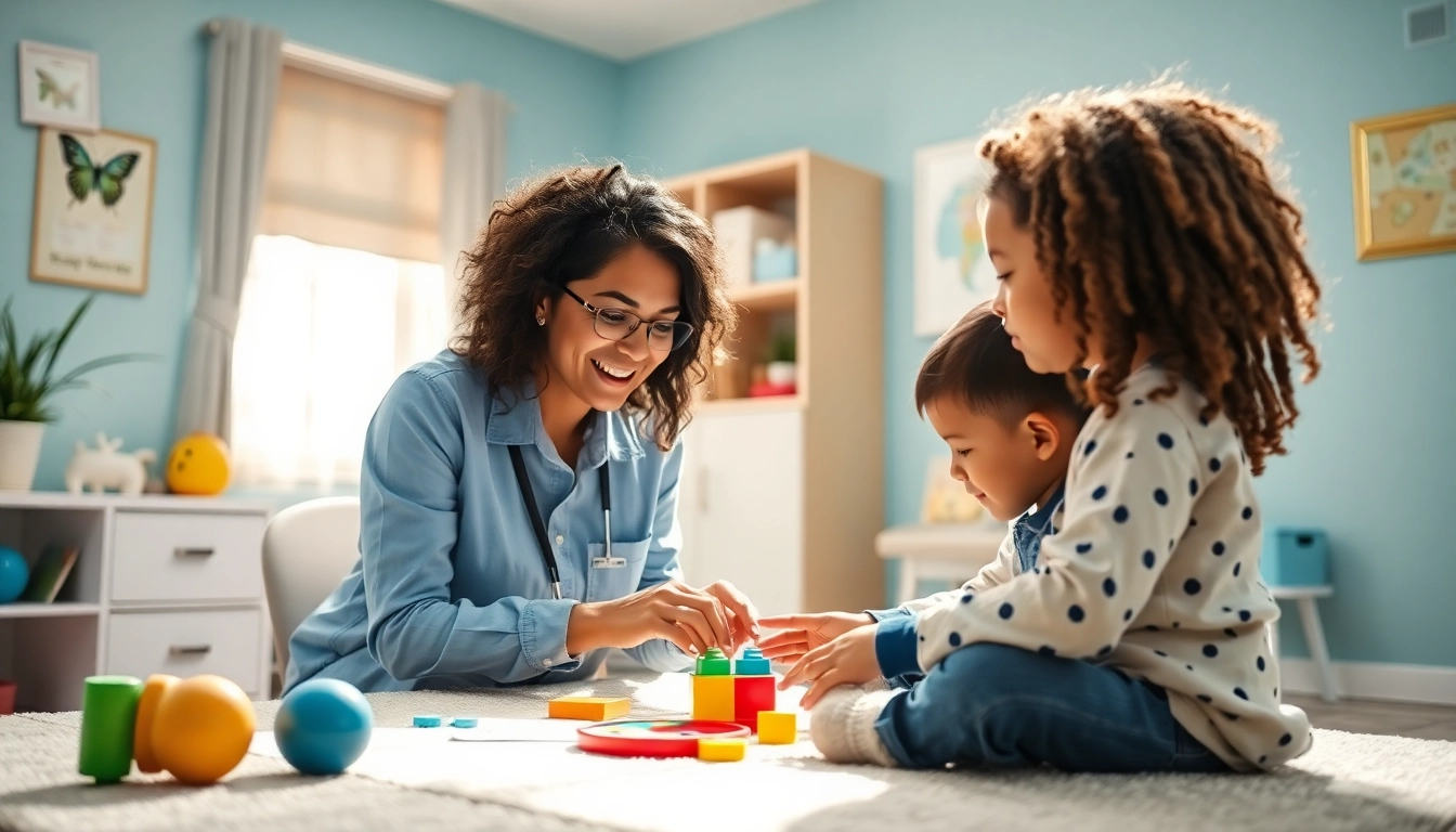 Therapist explaining What is ABA therapy during an interaction with a child in a therapy clinic setting.