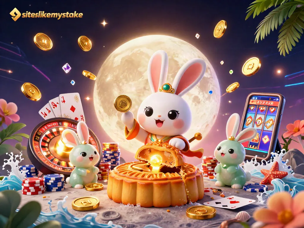 Win big at siteslikemystake with a cartoon moon rabbit revealing poker chips and games.