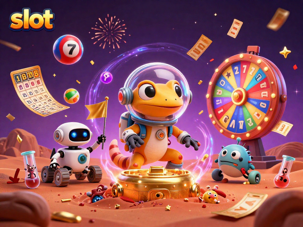Engage with slot games in a colorful casino illustration featuring a Martian gecko in space.