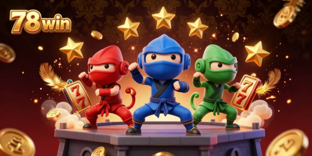 Engage with vibrant action in a lively 78 win casino environment, featuring a ninja chameleon team amidst gold and gaming elements.