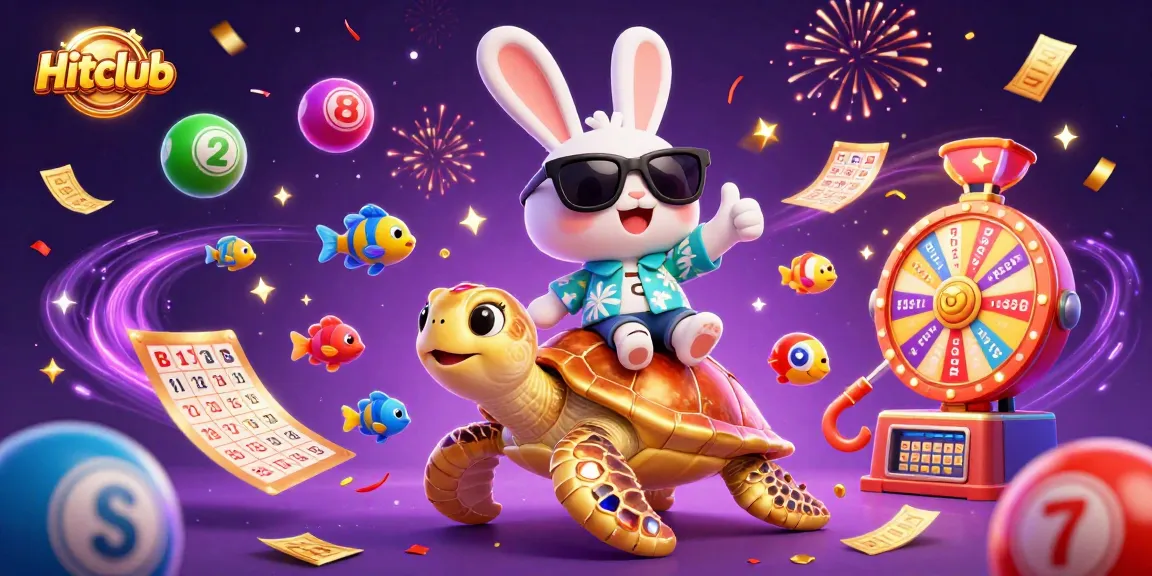 Hitclub celebrates with cartoon characters and vibrant lottery elements in a dynamic casino scene.