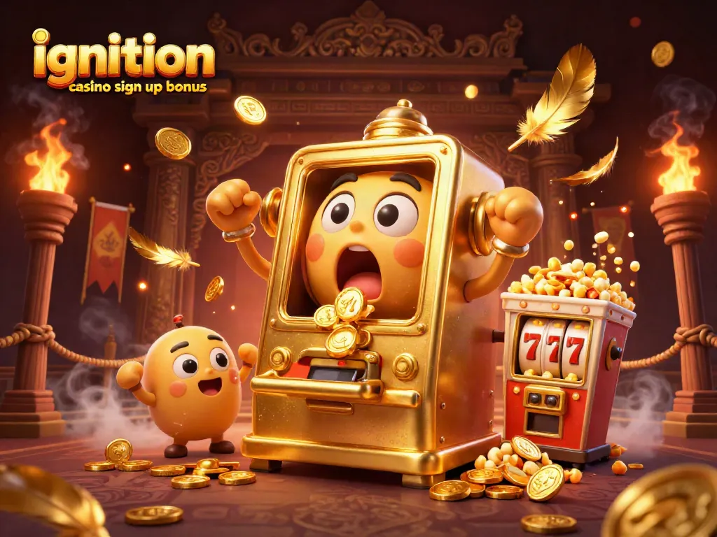 Celebrate with the ignition casino sign up bonus as the golden slot machine hits a jackpot, surrounded by cheering machines.