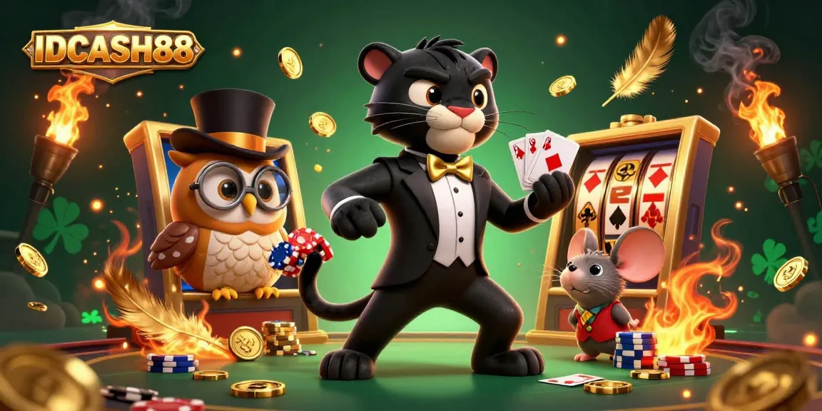 Experience the thrill of playing at IDCASH88 with a stylish panther dealer, lucky sounds, and vibrant casino elements.