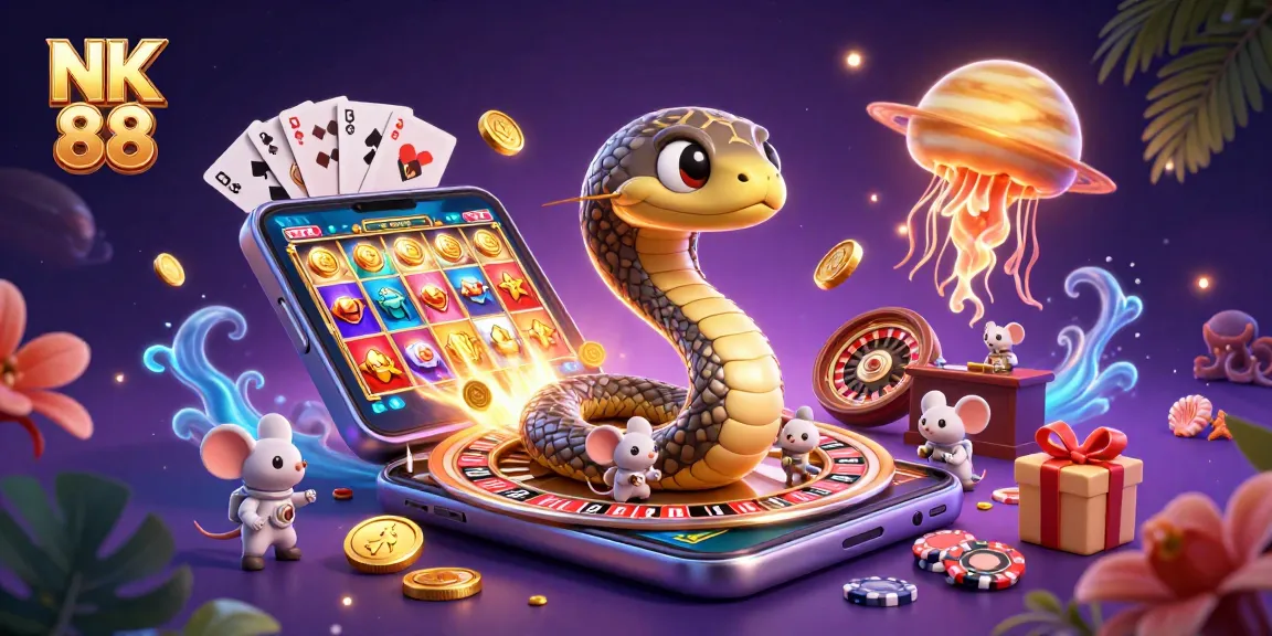 Engage with NK 88's vibrant digital casino scene featuring imaginative characters, dynamic games, and enticing gambling elements.