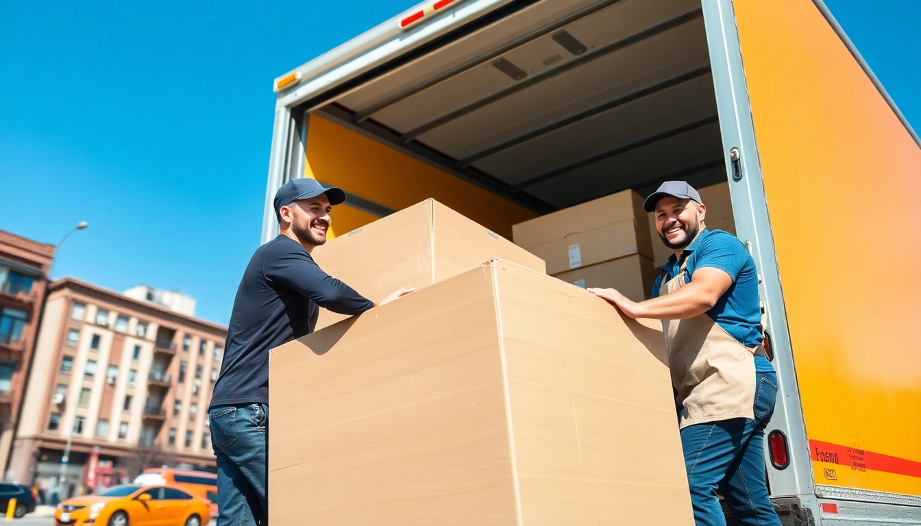 Queens NY movers expertly packing and loading items into a truck on a bright day.
