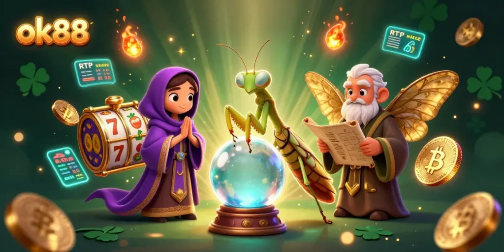 Experience high-stakes action at ok88 with vibrant slot reels and enchanting fortune tellers.