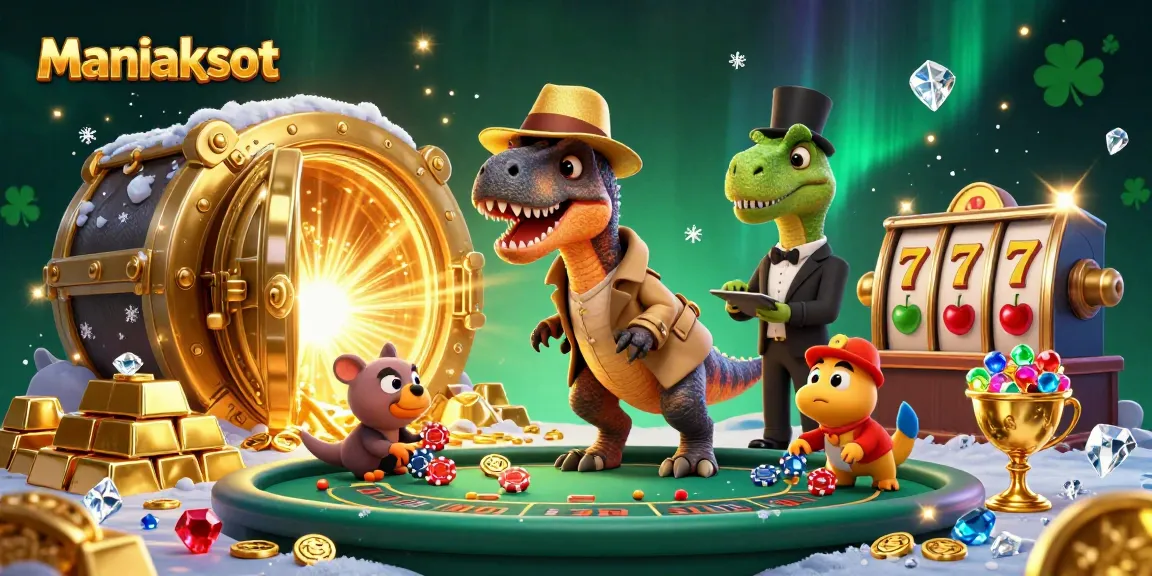 Catch the excitement with Maniakslot as a velociraptor plays blackjack amid a treasure-filled scene.