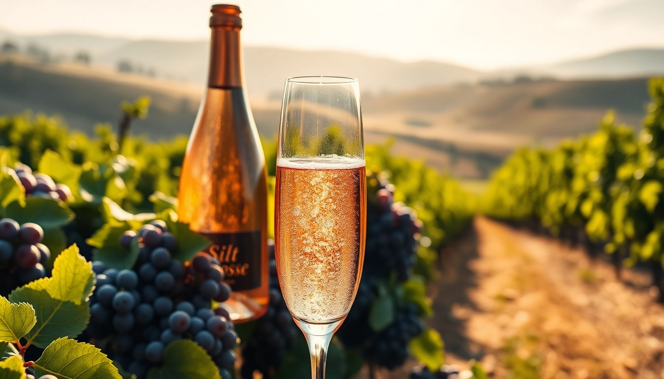 Indulge in the delicious silt rosé sparkling wine, presented elegantly among vibrant wine grapes.