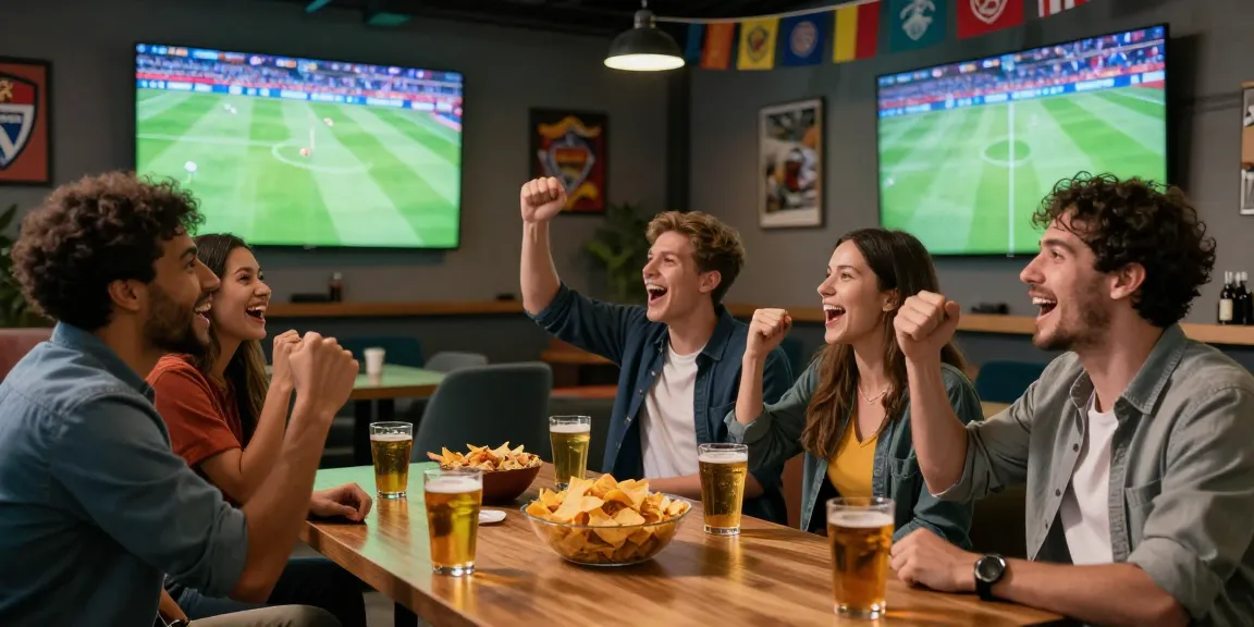 Situs Taruhan Bola Terpercaya scene showing friends celebrating a sports betting win.