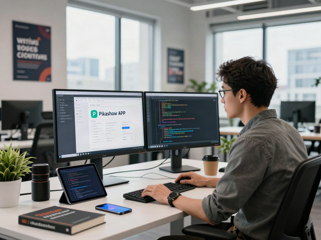 Pikashow APK interface on dual monitors in a modern tech workspace
