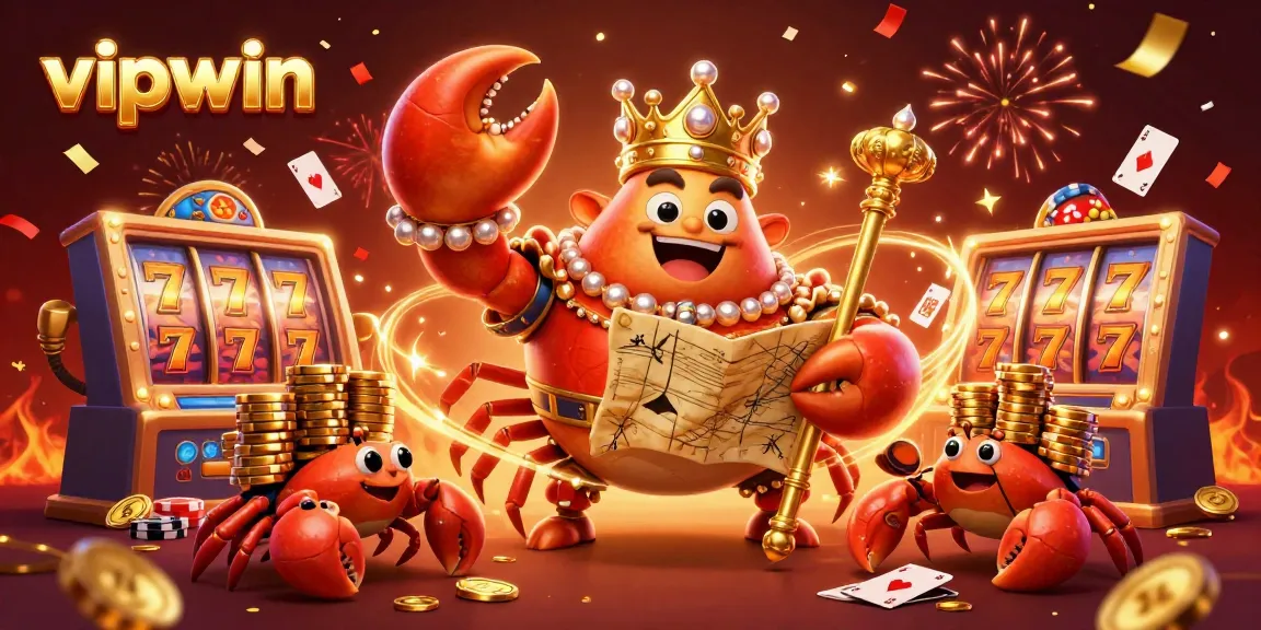 Experience thrilling gameplay with vipwin's dynamic casino scene featuring golden crab emperor and treasures.