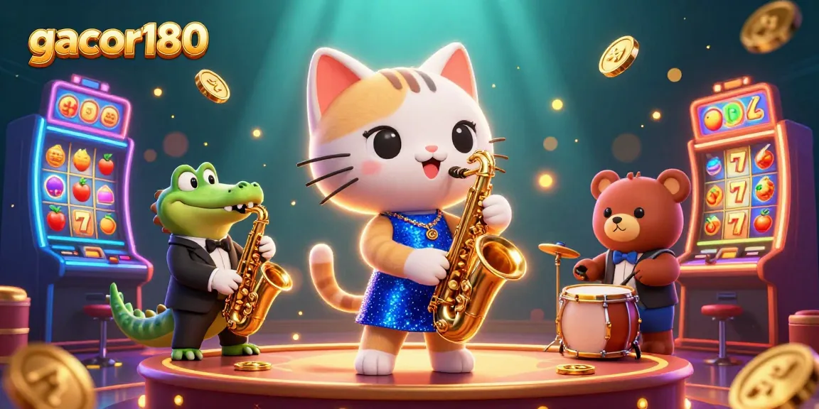 Gacor180 menampilkan kucing penyanyi jazz 3D di panggung kasino bersama karakter hewan, dikelilingi mesin slot berwarna-warni, memberikan pengalaman bermain yang menyenangkan.