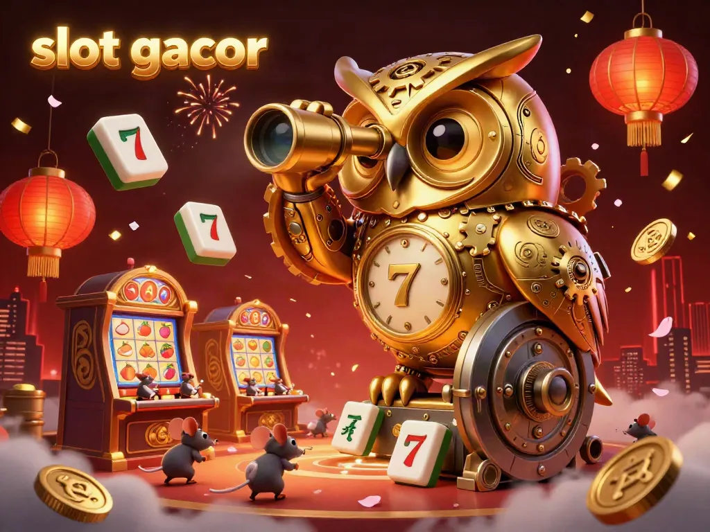 Experience the excitement of slot gacor with a whimsical 3D fantasy illustration showcasing a golden owl and vibrant casino elements.