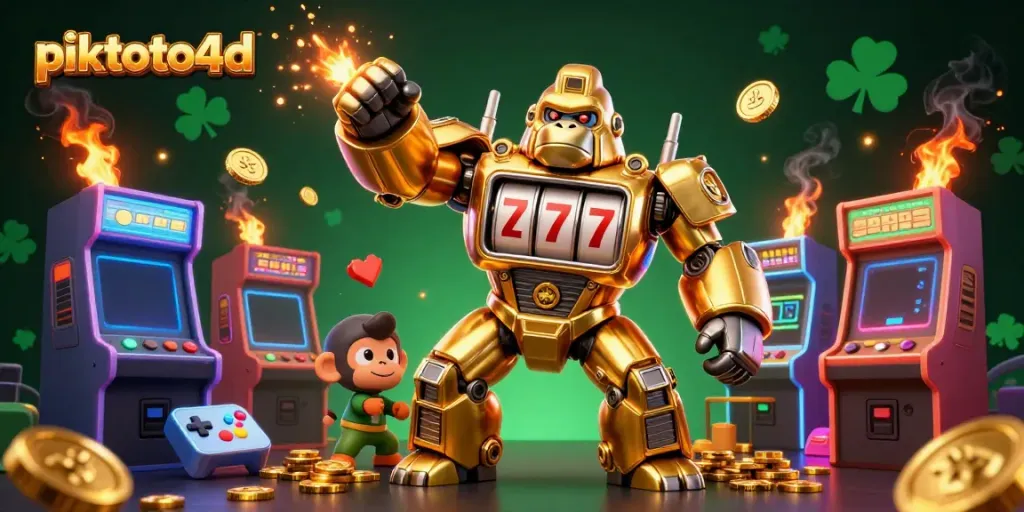 Experience the thrills of piktoto4d with a dynamic golden gorilla mech and vibrant casino elements.