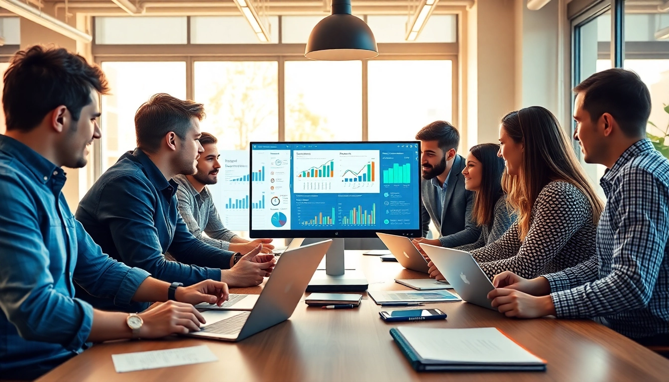 Engaging scene of Shopify experts collaborating on digital marketing strategies in a bright office.
