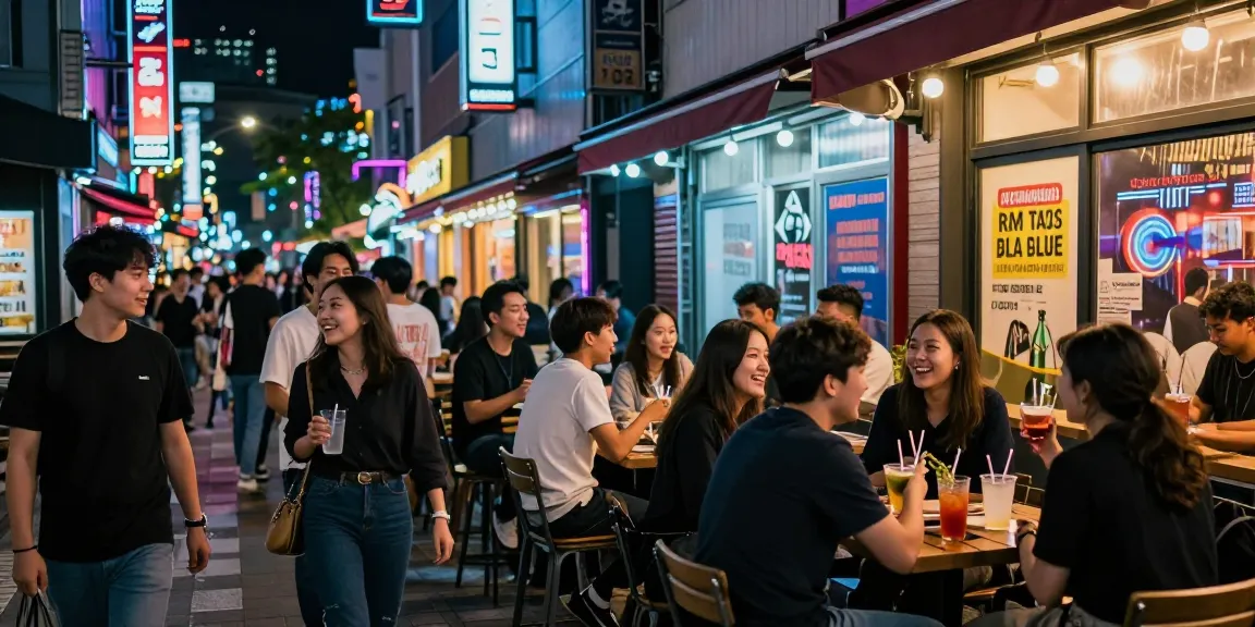 Dynamic 오피사이트 nightlife scene with vibrant urban energy and lively patrons.
