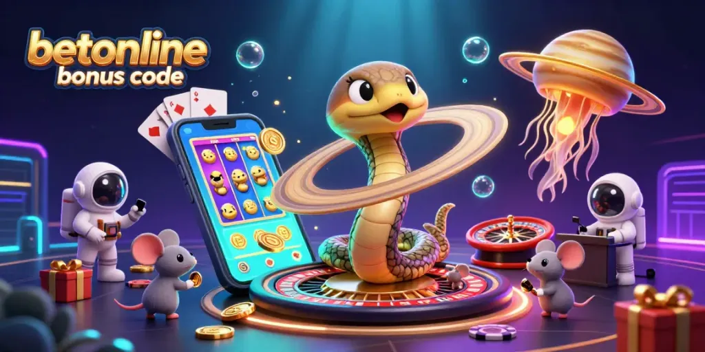 Engage with the vibrant scene showcasing the betonline bonus code in a playful cosmic casino setting.