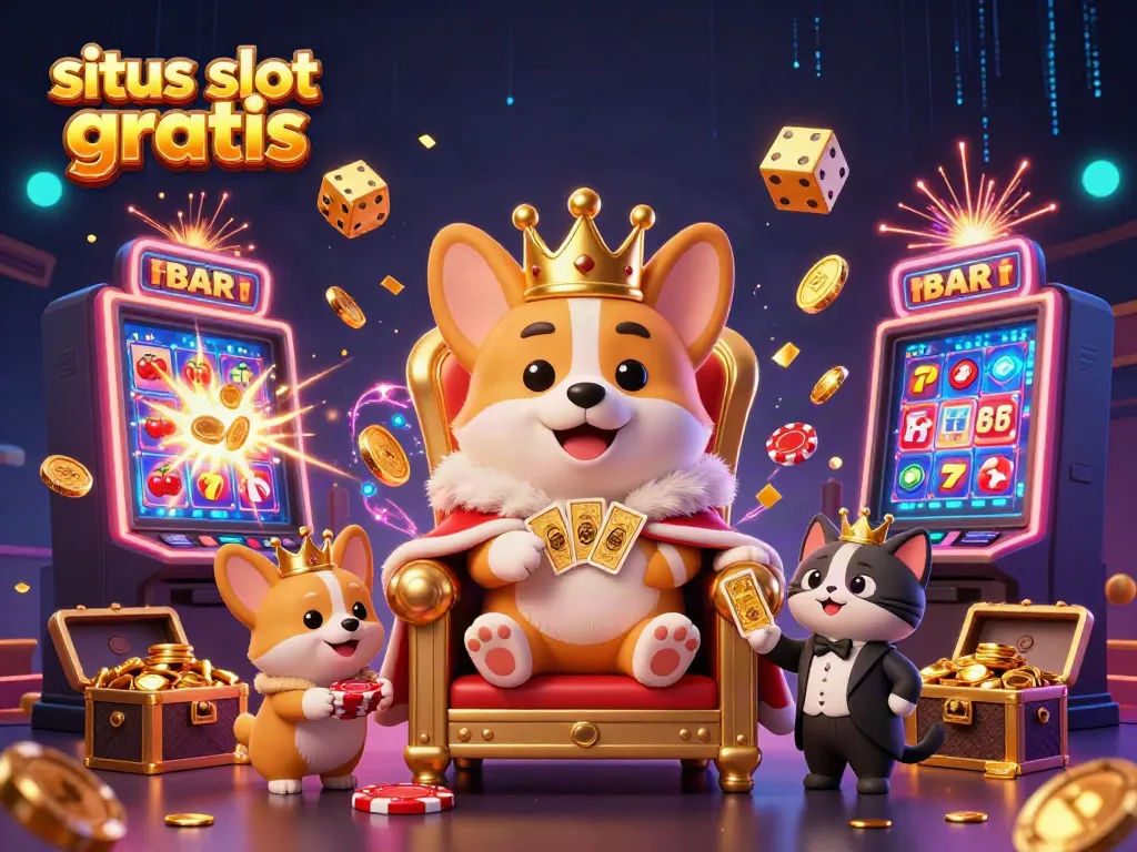 Experience exciting jackpots with situs slot gratis, featuring a crowned corgi on a vibrant casino throne.
