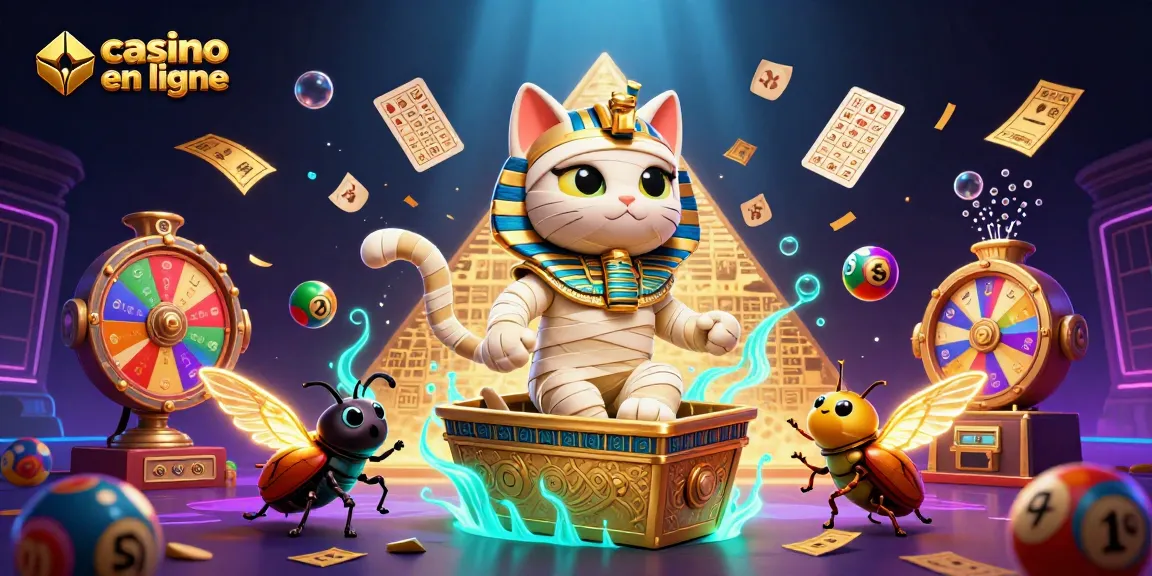 Jouez au casino en ligne avec un chat momifié égyptien et des éléments de loterie dynamiques.