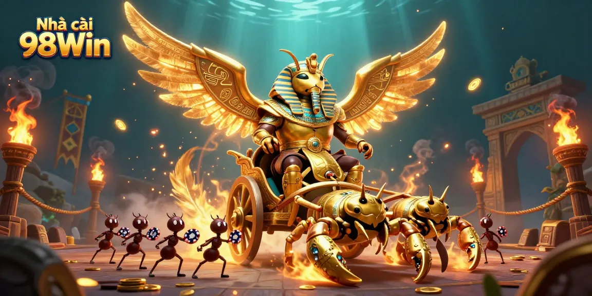 Engaging scene showcasing Nhà cái 98Win with a golden beetle, scorpions, and poker elements.