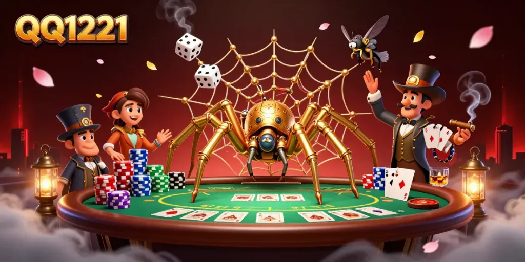 Engage with the QQ1221 steampunk fantasy scene featuring poker elements and a whimsical spider.
