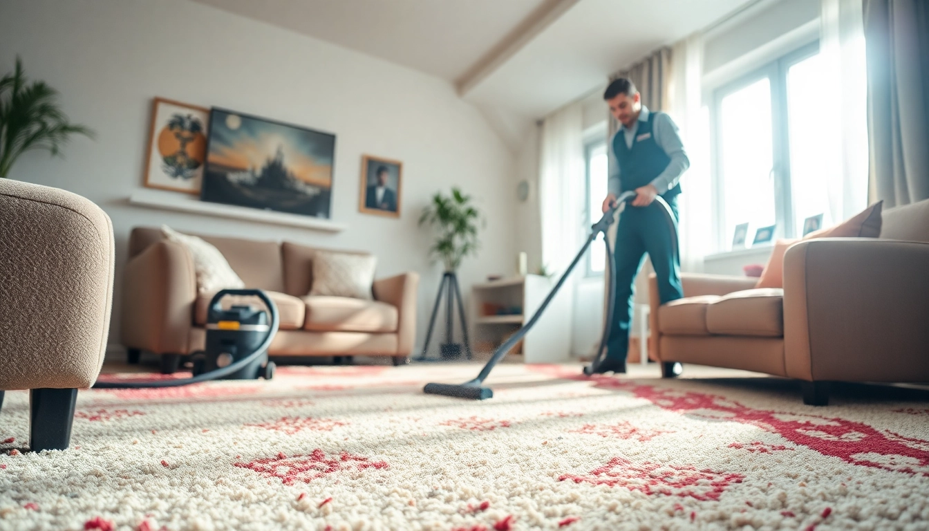 Experience the best of best lincoln carpet cleaning with a professional technician working in a bright living room.