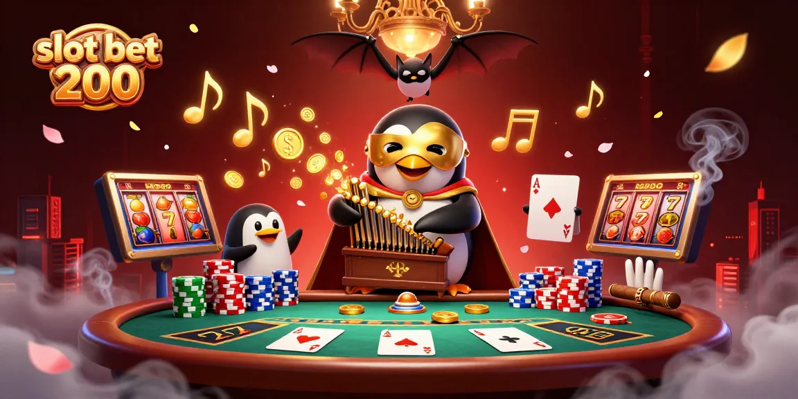 Experience the thrill with slot bet 200, featuring a penguin playing an organ of golden coins amidst vibrant casino elements.