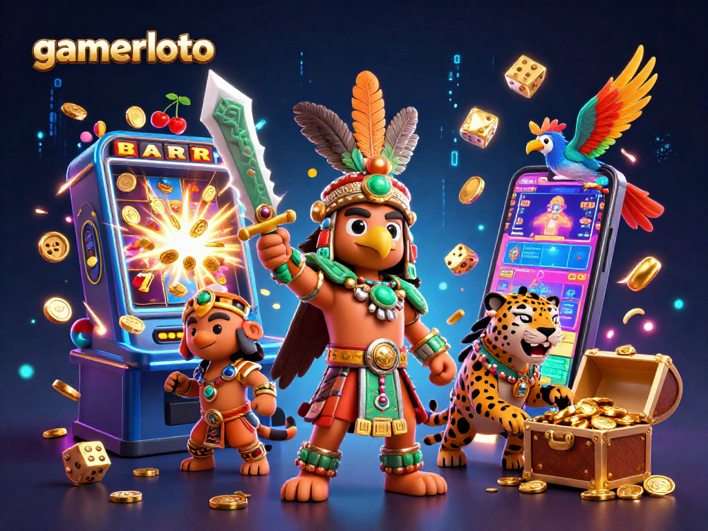 Experience the excitement of gamerloto with vibrant 3D casino elements showcasing jackpots and treasures.