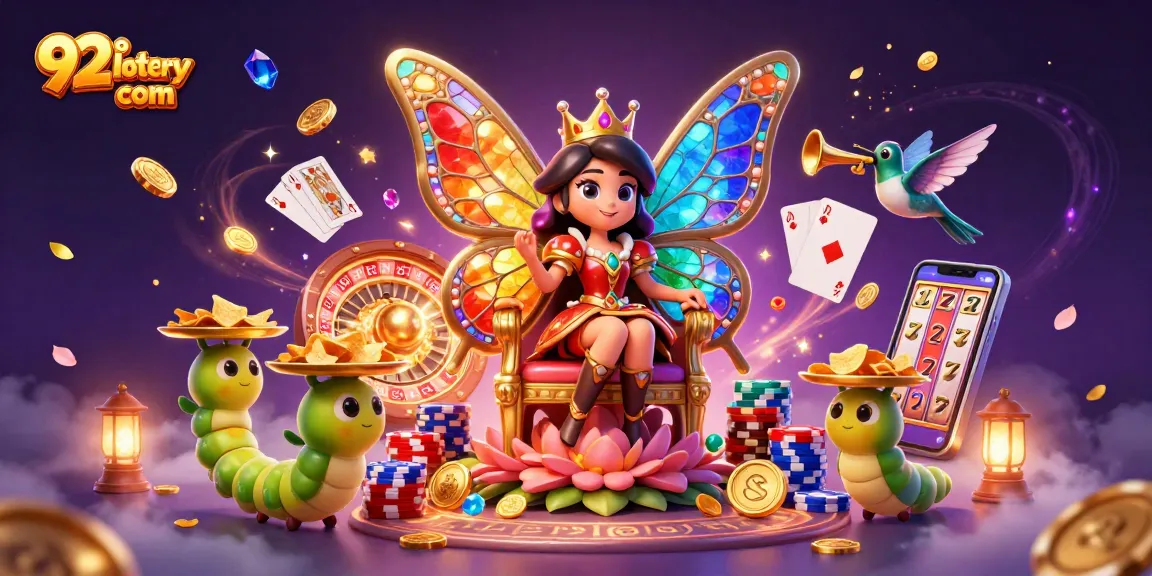 Experience 92lottery com in a vibrant casino scene with animated characters and sparkling elements.