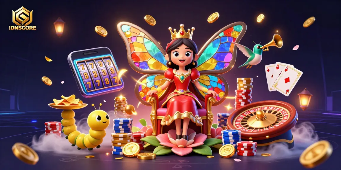 Experience thrilling wins with IDNSCORE as vibrant characters engage in a casino adventure.