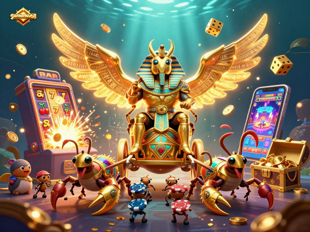 Experience the thrill at gamenohu68 with vibrant casino adventures and winning moments in an illustrated scene.